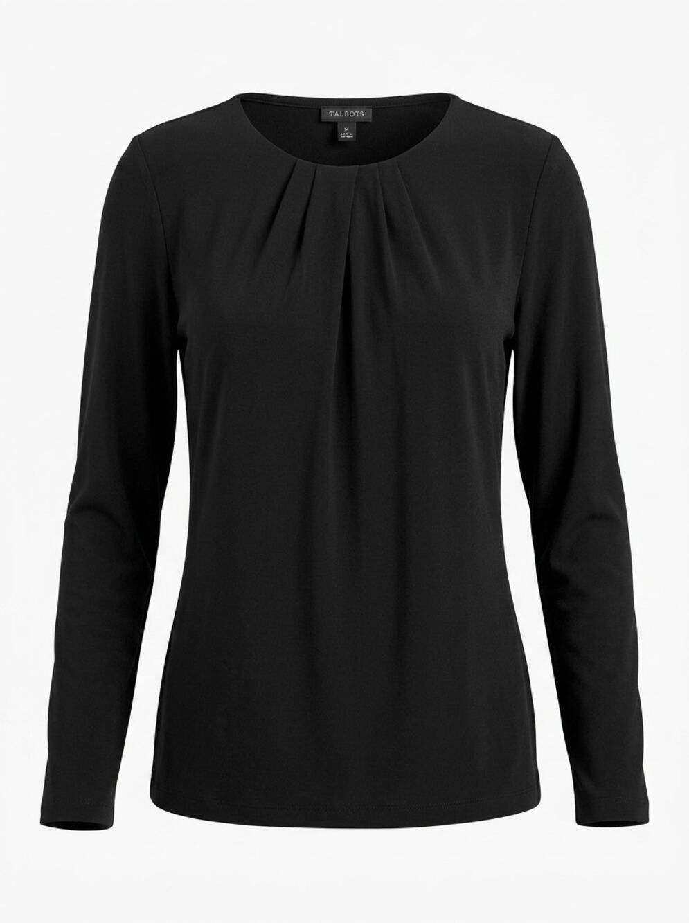 Talbots Black Pleated Neckline Long Sleeve Knit Top Women Size M
